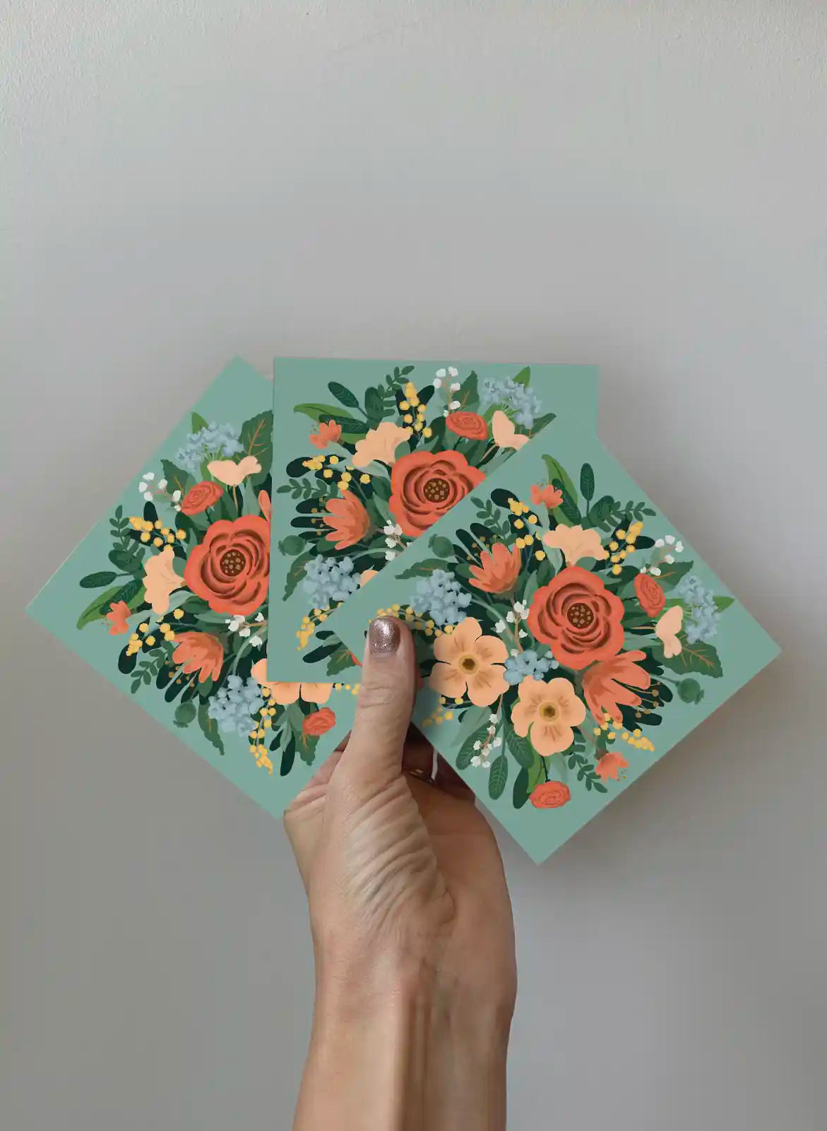 Kort 3-pack - Blombukett - Grön