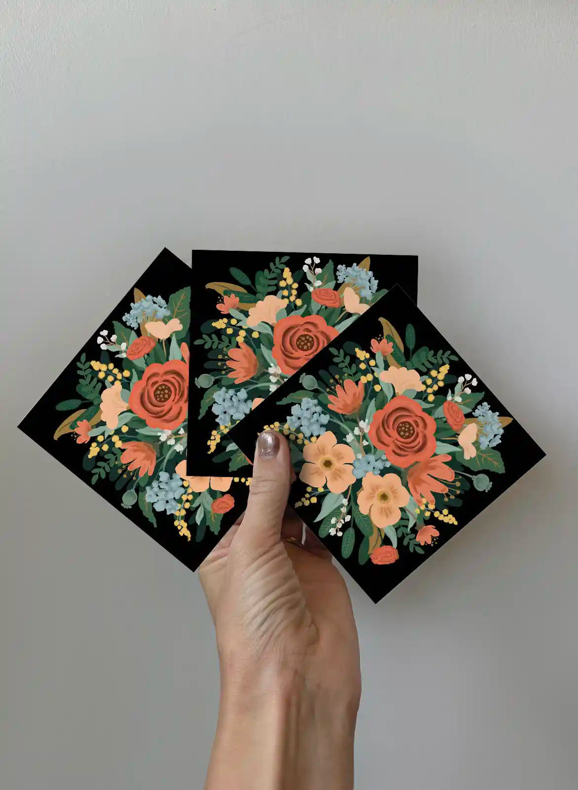 Kort 3-pack - Blombukett - Svart